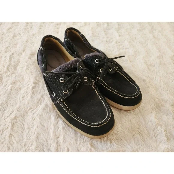 Sperry Boat Shoes Black And Glitter Slip On Tie Womens‎ 8.5M STS92457