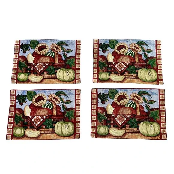 Woven Tapestry Placemats Fall‎ Autumn Farm Harvest Sunflowers Set Of 4