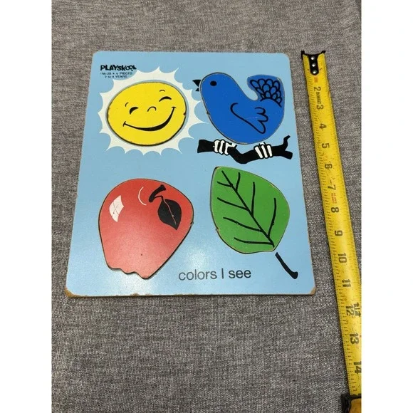 Vintage Four Piece Wood Puzzle Sun Apple Leaf Bird Blue 1980s Playskool