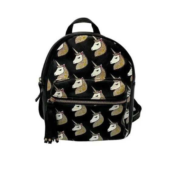 OMG Accessories Glitter Unicorn Black Backpack with Gold and White Accents