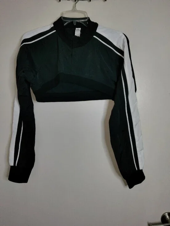 ALO Yoga (Sz M) Black & White Stripe Full Zip LS Cropped Racetrack Shrug Jacket