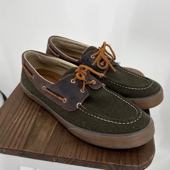 Sperry Top-Sider Bahama II Mens 12 Olive Green Wool Leather Boat Shoes STS18119