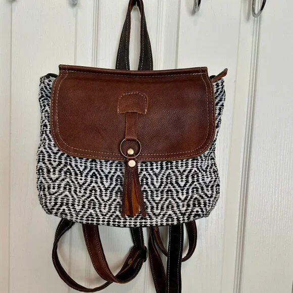 Myra Bag Leffi's Boho Upcycled Canvas & Leather Backpack S-1567 Minimalist