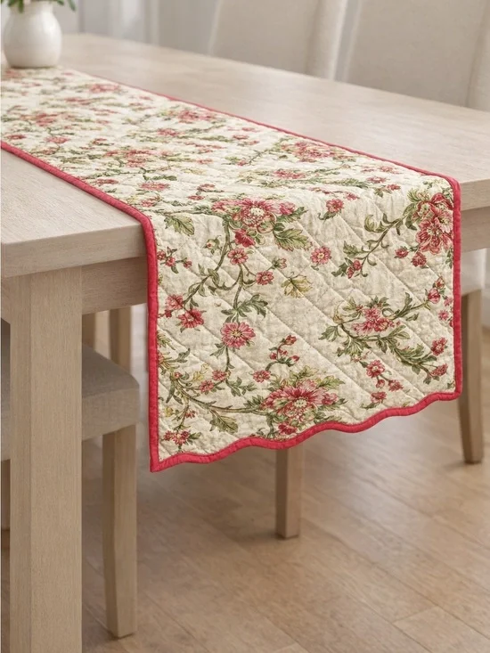 NWT Waverly Table Runner Cloth Quilted Floral Pink and Green Farmhouse 70 X 14
