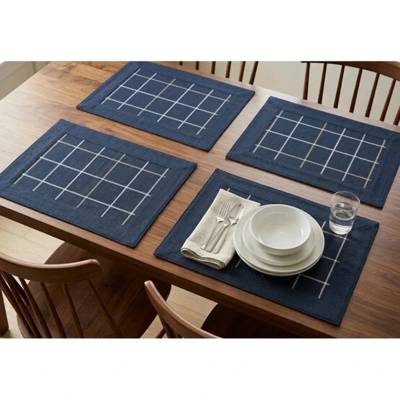 Nautica Navy Blue Windowpane Cotton Placemats Set of 4 Herringbone Compound‎