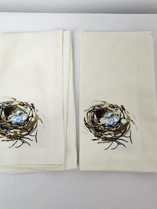 Pottery Barn Embroidered Bird Nest Tea Napkins- Cream with Blue Accent Set Of 2