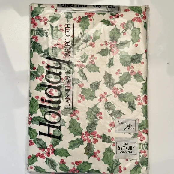 VTG Christmas Holly Flannelback Tablecloth Holiday Oblong 52