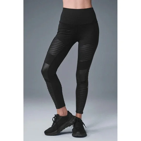 Alo Yoga Moto Leggings Women's XS Black High Waist Mesh Panel 7/8 Athleisure