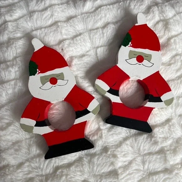 SET of 2 Santa‎ Claus Christmas Napkin Holder Rings Red Tablesetting Decor Wood