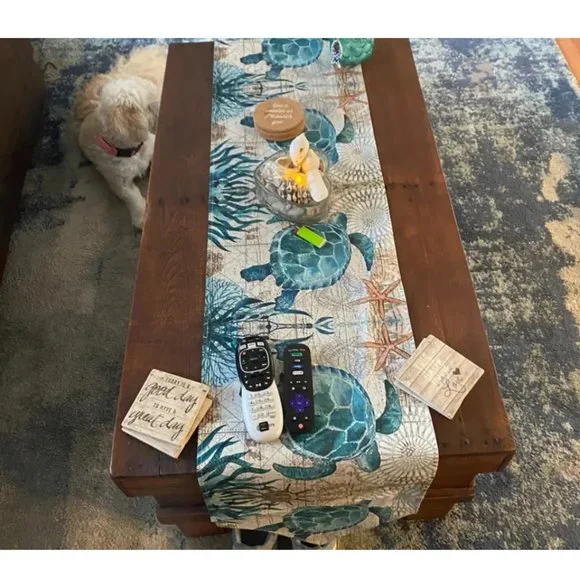 Sea Turtle Table Runner Nautical Beach Decor Cottage Decoration Decorative Cloth