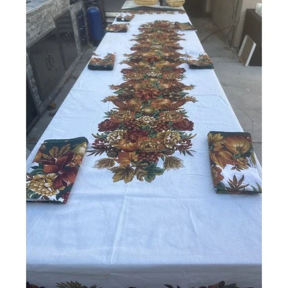Printed Linen Tablecloth AUTUMN HARVEST FALL PUMPKIN Vibrant Colors  set of 10,