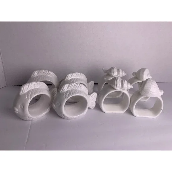 White Ceramic Nautical Napkin Rings Set of 8 Fish and‎ Seashell Coastal Decor