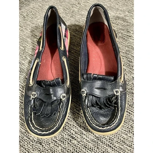 Sperry Top-Sider Women's Boat Shoes Navy Plaid Leather Canvas Size 8M Good Cond
