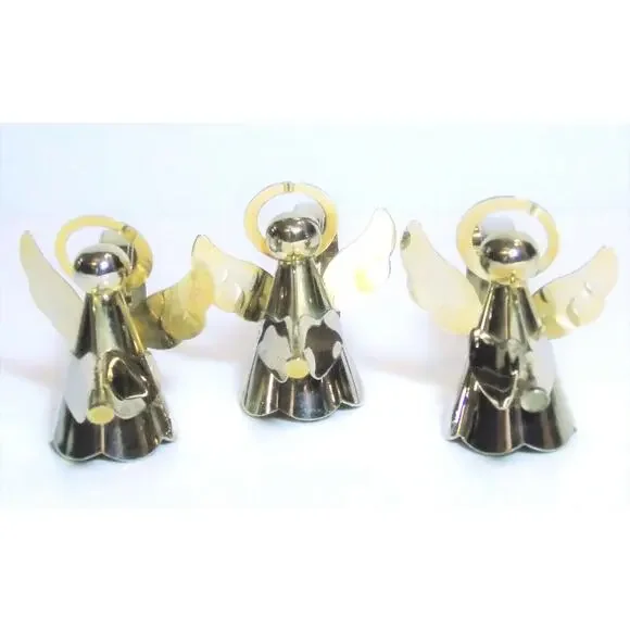 Gold Brass Angel Napkin Rings Figurines Set 3 Christmas Holiday Trumpet Horn Vtg