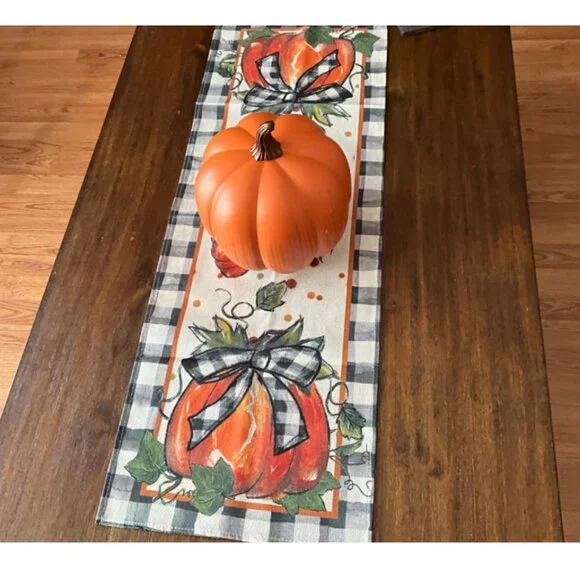 Pumpkin Table Runner Plaid Decorative Cloth Fall Thanksgiving Decor Orange 13x36