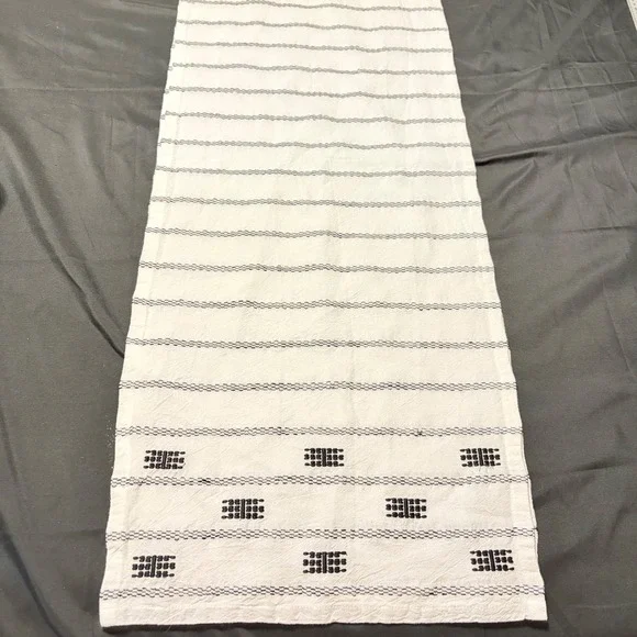 Farmhouse Table Runner White Black Striped Embroidered Boho Rustic Decor 70x14