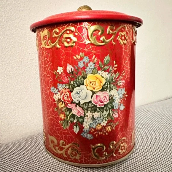 Decorative‎ Embossed Gold Roses Red Candy Tin Vintage Made in Western Germany