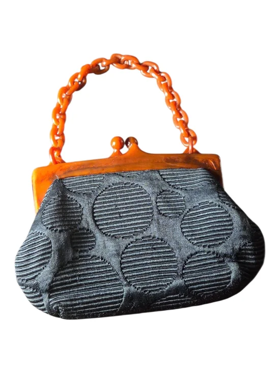 Black Textured Circle Clutch with Orange Chain Handle