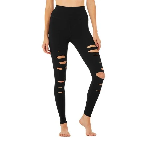 Alo Yoga Black High Waist Distressed Ripped Warrior Active Legging Size XXS