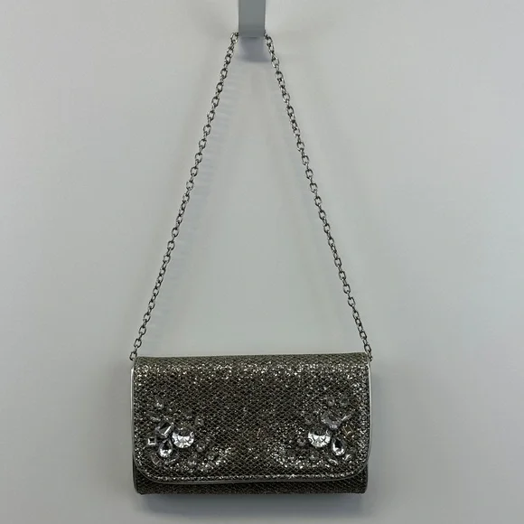 Gianni Bini Crystal Embellished Chain Clutch Silver Gold Rhinestone Evening Bag