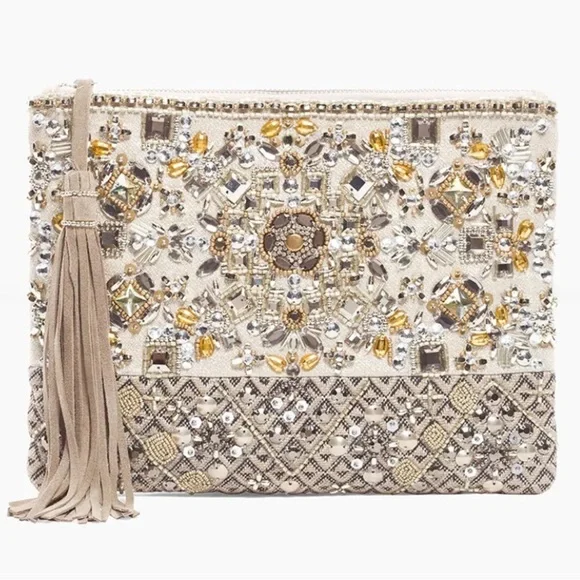 Chico’s Betsy Beaded Clutch Purse‎ Tan Jeweled Glam Coastal Wedding Boho Party