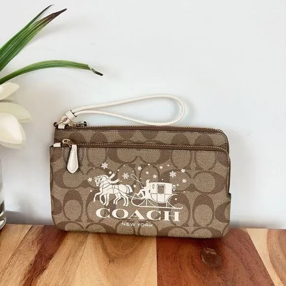 NWT Coach‎ Double Zip Wallet In Signature Canvas With Horse And Sleigh