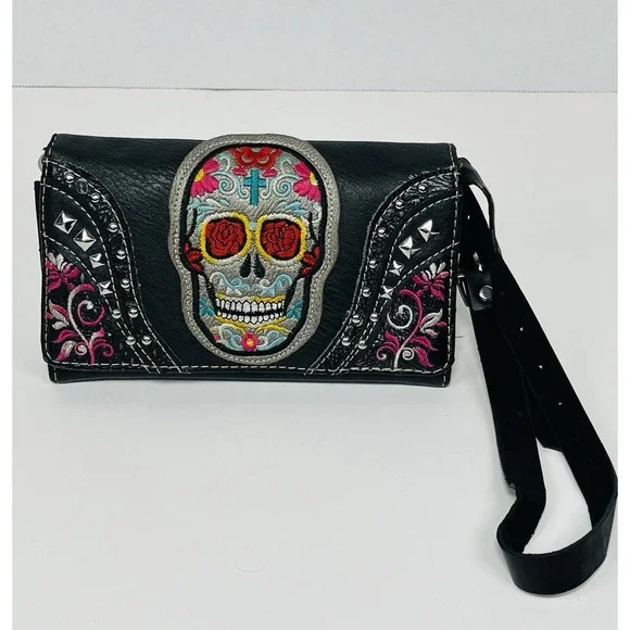 Day Of The Dead Sugar Skull Flower Black Trifold‎ Wristlet Wallet Dia de Muertos
