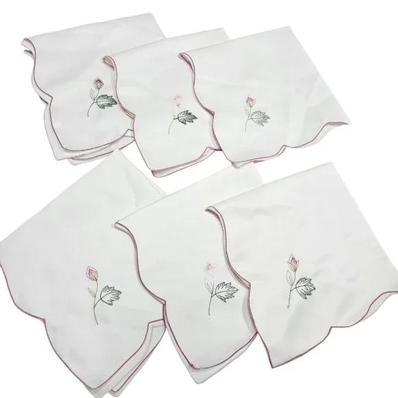 Vintage‎ Embroidered Rose Satin Cloth Napkins Set 6 Scalloped Edges Dinner Party