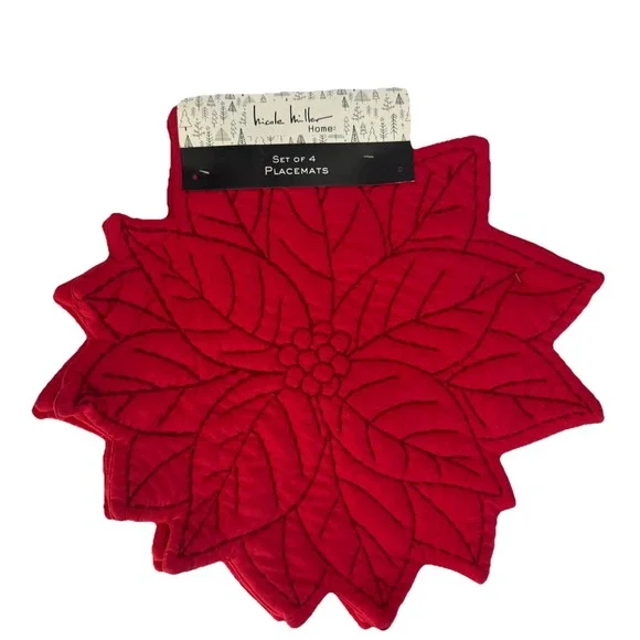 Nicole Miller Christmas Poinsettia Placemats Table Decor RED 100% POLYESTER NWT‎