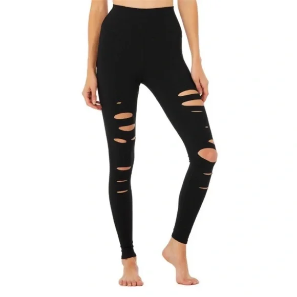 ALO YOGA WARRIOR HIGH RISE WAIST EDGY GOTH BLACK RIPPED SLASHES LEGGINGS S