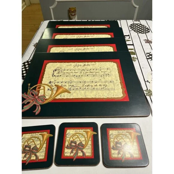 Pimpernel England Jingle Bells Christmas Holly Cork Backed Placemats & Coasters
