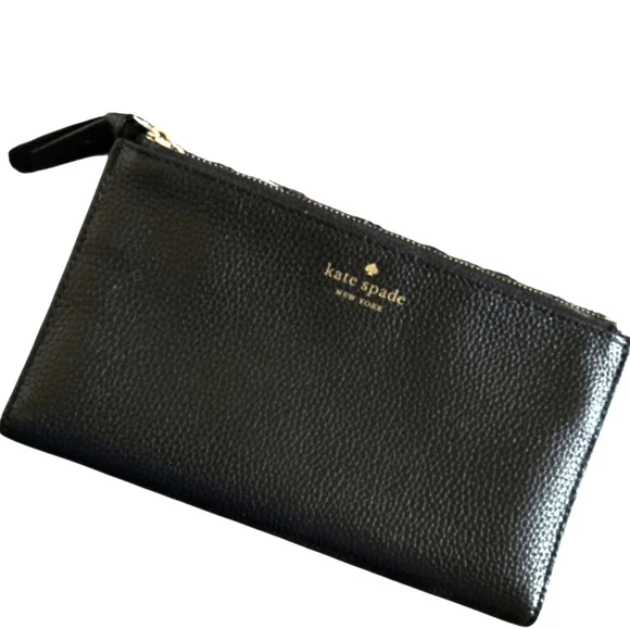 Kate Spade Black Leather Wallet Clutch With 2 Large Zippers