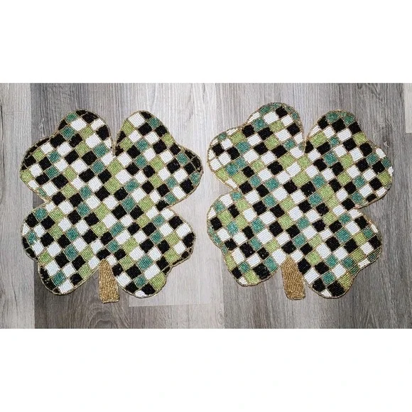St Patricks Day Irish Checkered Shamrock Clover Beaded Charger Placemat 15