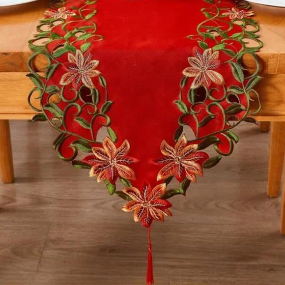 Christmas Table Runner Red Embroidered Decorative Cloth Holiday Decor Decoration