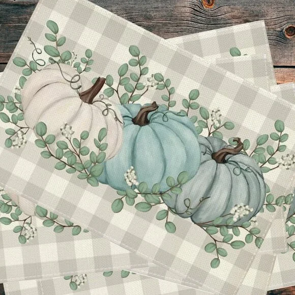 Pumpkin Placemats 8pc Fall Table Decor Thanksgiving Halloween Plaid Decorations
