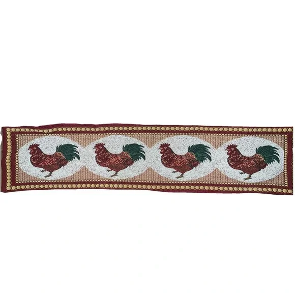 VTG‎ Country Rooster Jacquard woven Burgundy Tapestry Table Runner Farmhouse 53