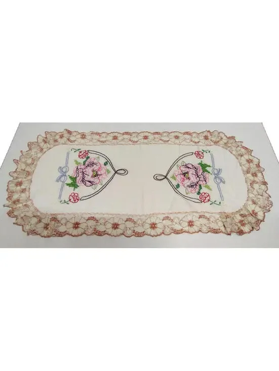 1930s Placemat Embroider Delicate Lace Bow 40s Roses Cotton 50s Vanity Display