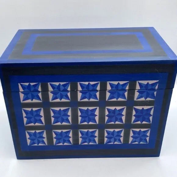 Hand Painted Folk Art Wood Storage Box with Lid Star Barn Quilt 11 x 6