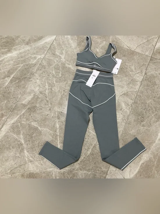 ALO Yoga Gray Sculpting Leggings & Sports Bra Set with White Piping