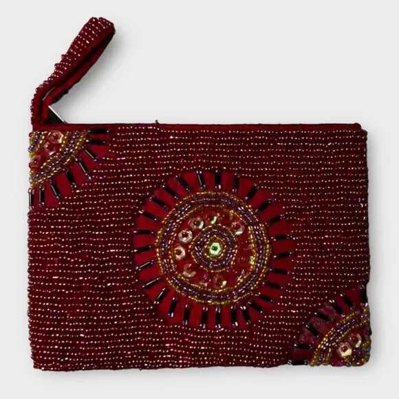 Unbranded Beaded Red Zip Top Satin Inside Clutch Purse Change Purse