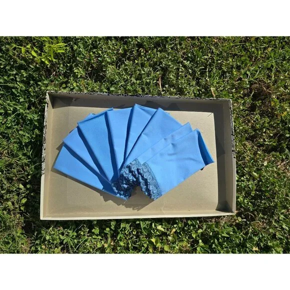 Set Of 6 Elegant Blue Lace Trimmed‎ Napkins Polyester & Cotton For Dining 1970s