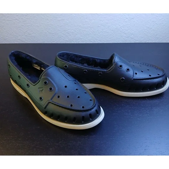 Sperry Mens Authentic Original Float Black Faux Fur Lined Boat Shoes fits mens 9