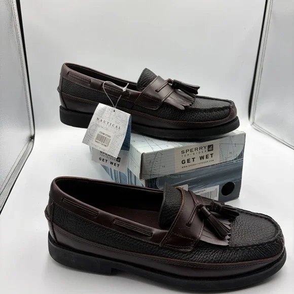 Sperry Seaport DBL KT Black Men's NEW Leather Slip-On Boat Shoes Brown US 9