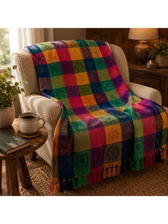 Mexican Woven Throw Colorful Aztec-Inspired Pattern Tassels 58.5 x 86 Tablecloth