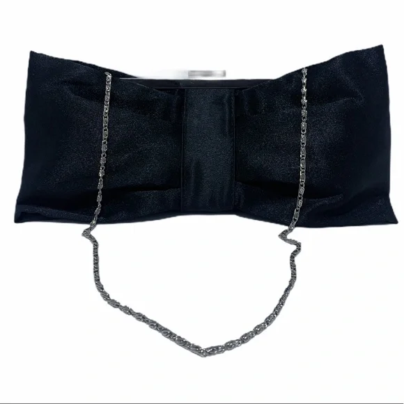 Black Satin Evening Clutch Bag with Thin Silvertone Shoulder Chain Strap