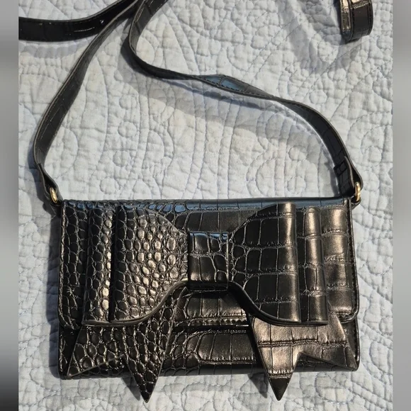 Betsey Johnson Black Croc-Patterned Wristlet