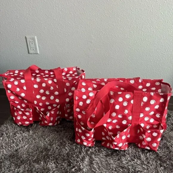2-Thirty One Zip-Top Organizing Utility Tote Bag Red/White Swirl Dot “joy” - EUC