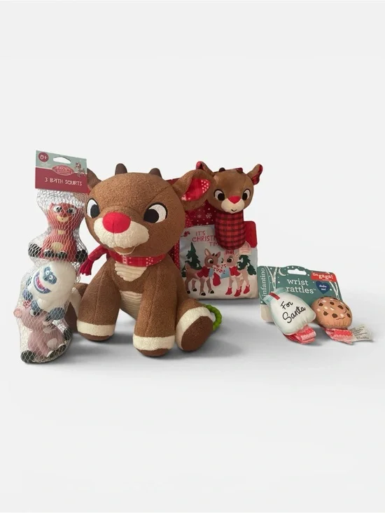 NWT Rudolph Reindeer Infantino Christmas Baby Toy Lot Bath Squirts Wrist Rattles