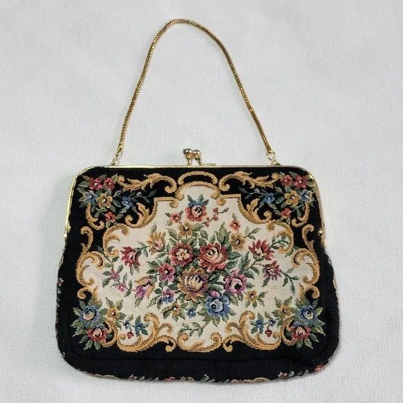 Vintage 1950's Floral Tapestry Purse Clutch Bag with Gold Clasp & Chain
