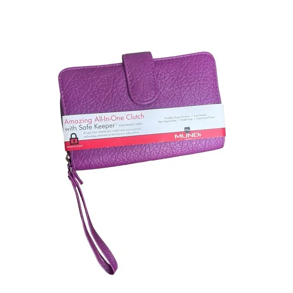 Mundi All In One Magenta Clutch Safe Keeper Zipper Photos Card Slots Wrist Strap